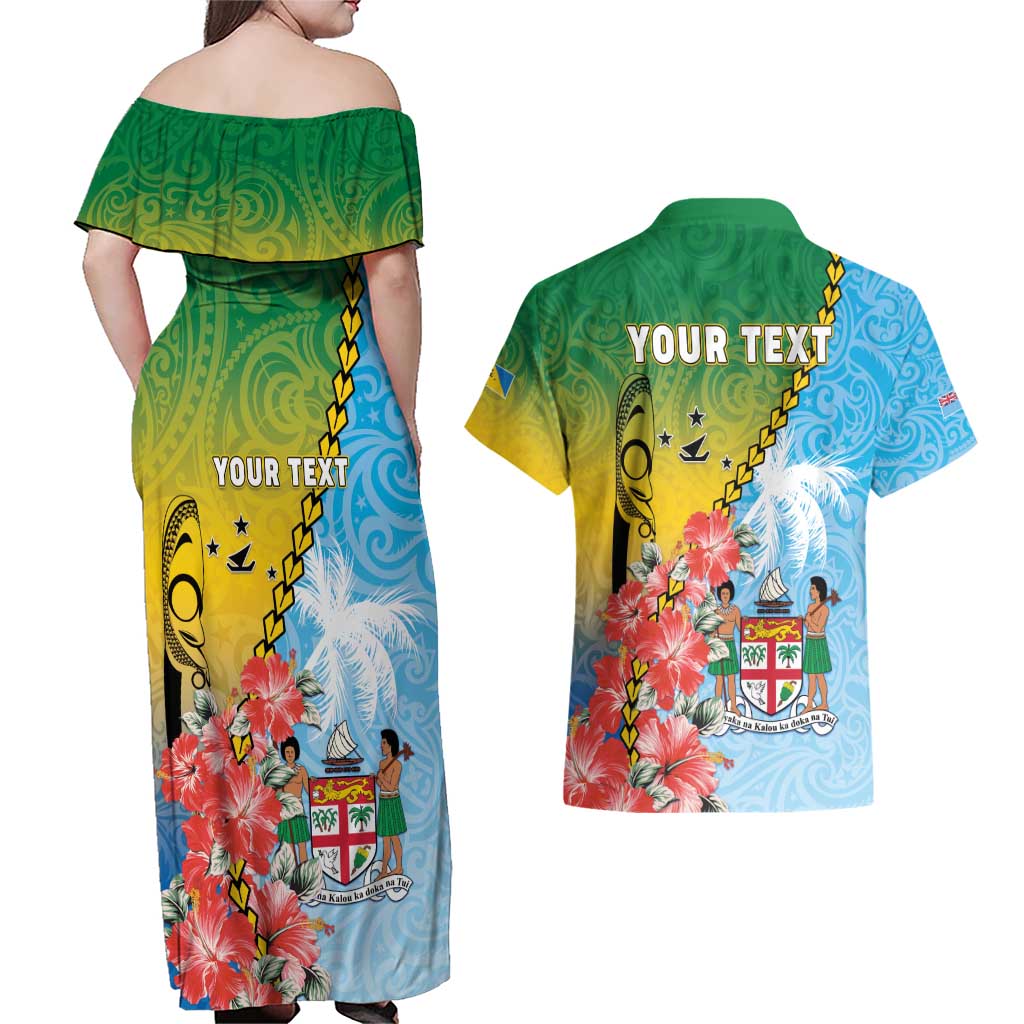 Personalised Malampa Fiji Day Couples Matching Off Shoulder Maxi Dress and Hawaiian Shirt Tribal Pattern With Tropical Flowers LT05 - Polynesian Pride