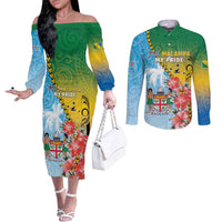 Personalised Malampa Fiji Day Couples Matching Off The Shoulder Long Sleeve Dress and Long Sleeve Button Shirt Tribal Pattern With Tropical Flowers LT05 Colorful - Polynesian Pride