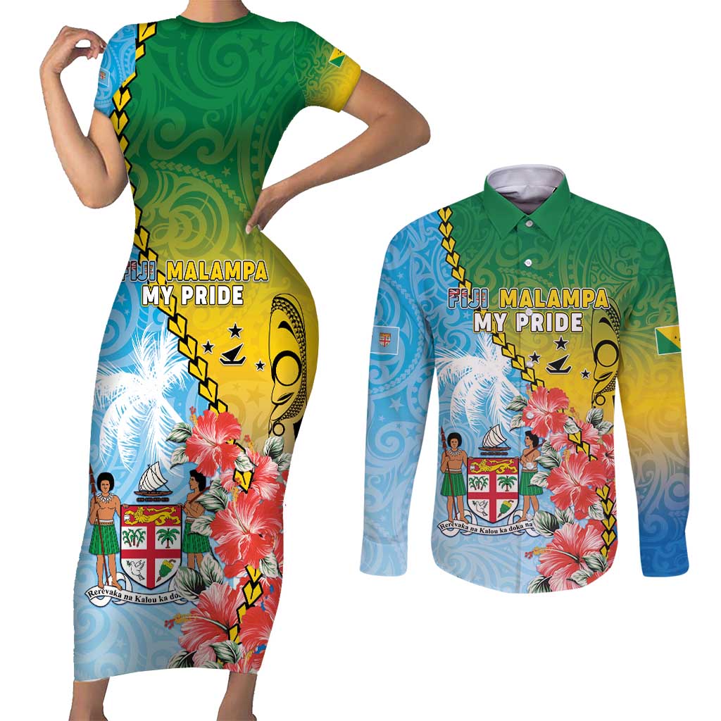 Personalised Malampa Fiji Day Couples Matching Short Sleeve Bodycon Dress and Long Sleeve Button Shirt Tribal Pattern With Tropical Flowers LT05 Colorful - Polynesian Pride