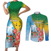 Personalised Malampa Fiji Day Couples Matching Short Sleeve Bodycon Dress and Long Sleeve Button Shirt Tribal Pattern With Tropical Flowers LT05 Colorful - Polynesian Pride