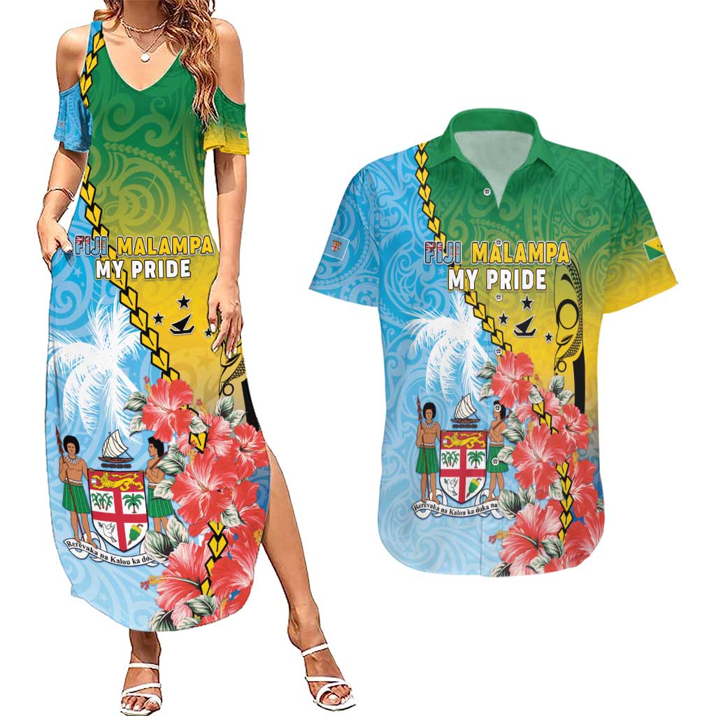 Personalised Malampa Fiji Day Couples Matching Summer Maxi Dress and Hawaiian Shirt Tribal Pattern With Tropical Flowers - Polynesian Pride