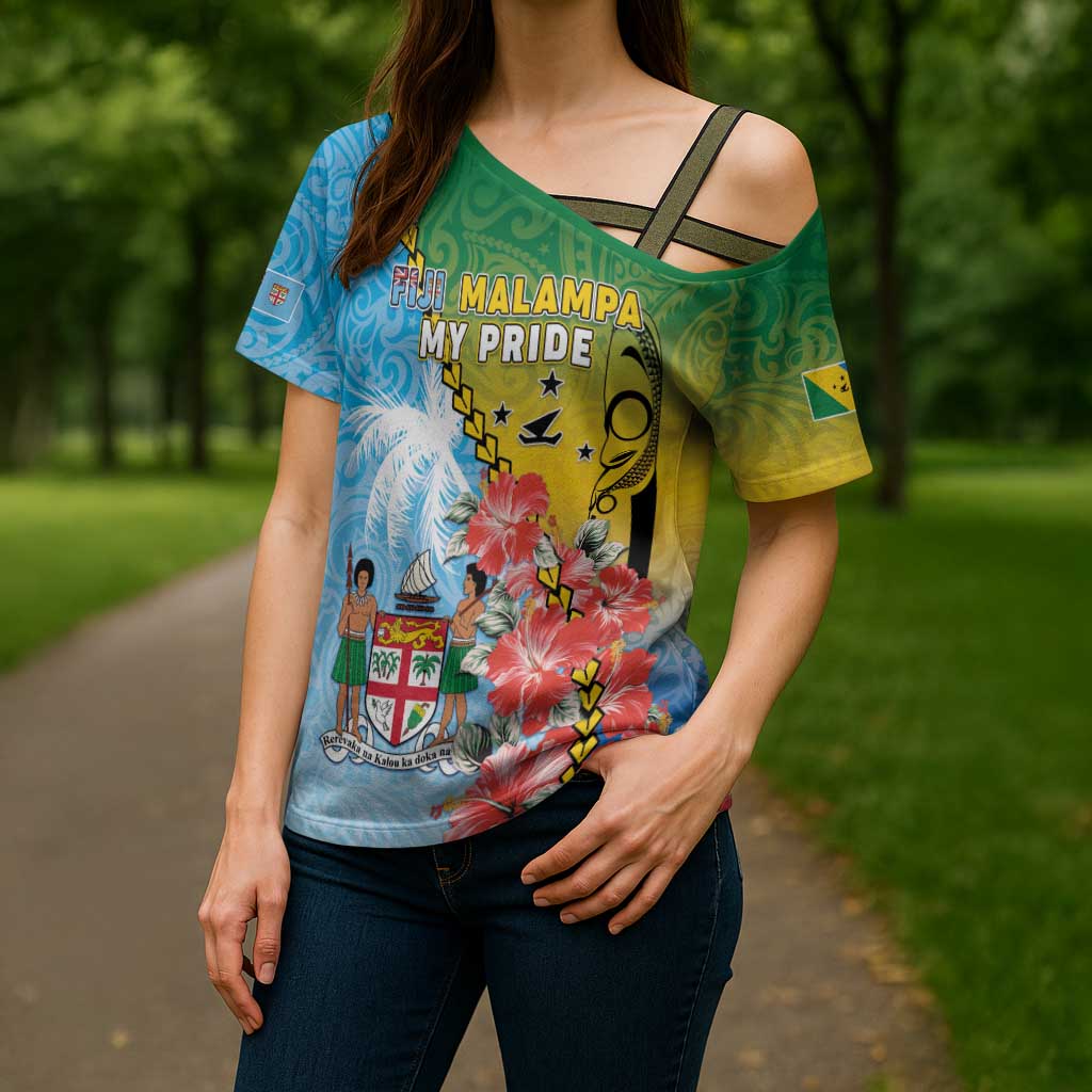 Personalised Malampa Fiji Day Cross Shoulder Shirt Tribal Pattern With Tropical Flowers - Polynesian Pride