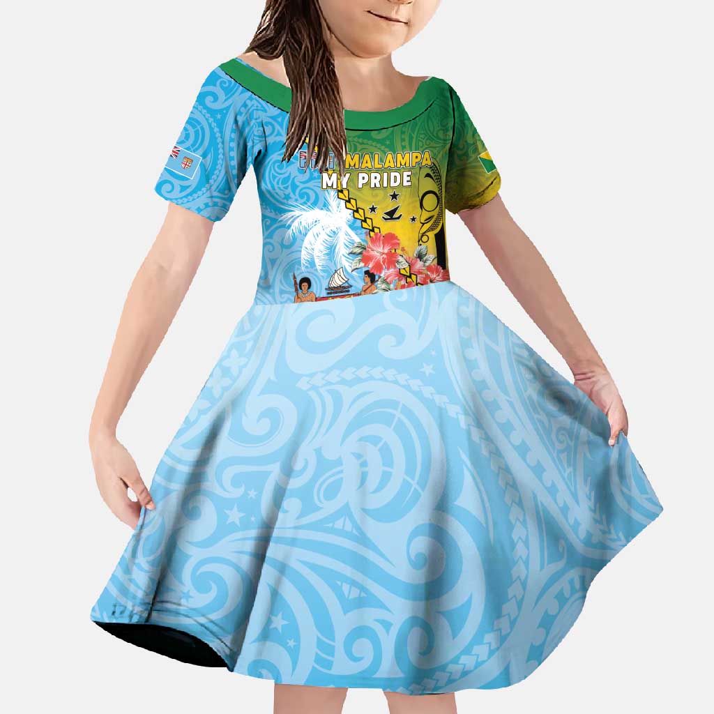 Personalised Malampa Fiji Day Family Matching Long Sleeve Bodycon Dress and Hawaiian Shirt Tribal Pattern With Tropical Flowers LT05 Daughter's Dress Colorful - Polynesian Pride