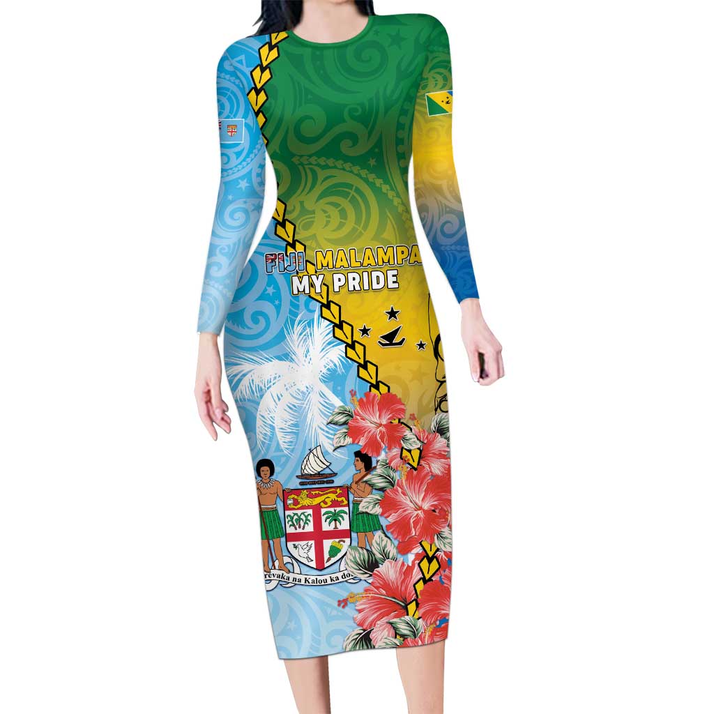 Personalised Malampa Fiji Day Family Matching Long Sleeve Bodycon Dress and Hawaiian Shirt Tribal Pattern With Tropical Flowers LT05 Mom's Dress Colorful - Polynesian Pride