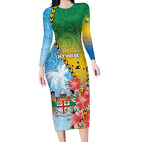 Personalised Malampa Fiji Day Family Matching Long Sleeve Bodycon Dress and Hawaiian Shirt Tribal Pattern With Tropical Flowers LT05 Mom's Dress Colorful - Polynesian Pride