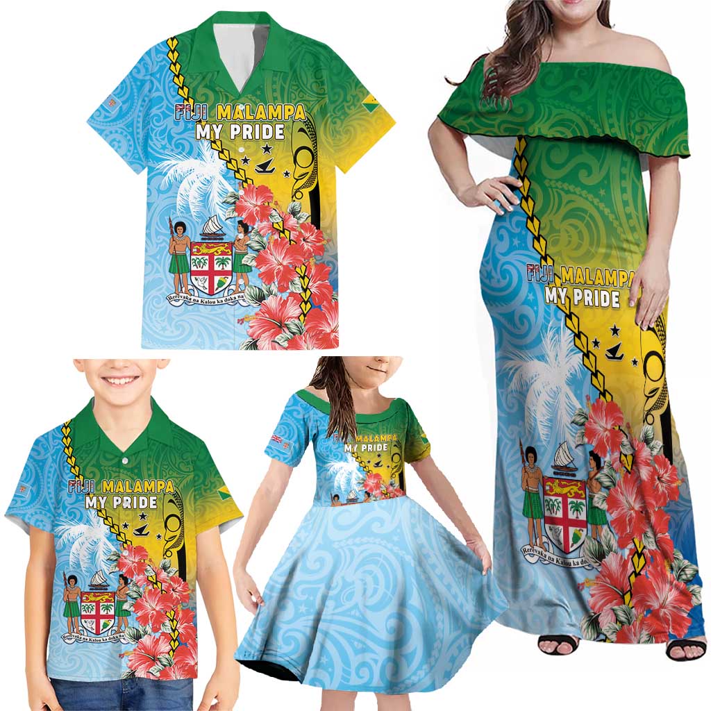 Personalised Malampa Fiji Day Family Matching Off Shoulder Maxi Dress and Hawaiian Shirt Tribal Pattern With Tropical Flowers LT05 - Polynesian Pride