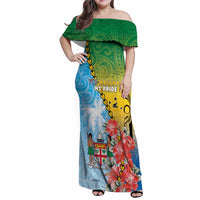 Personalised Malampa Fiji Day Family Matching Off Shoulder Maxi Dress and Hawaiian Shirt Tribal Pattern With Tropical Flowers LT05 Mom's Dress Colorful - Polynesian Pride