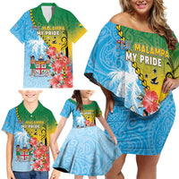 Personalised Malampa Fiji Day Family Matching Off Shoulder Short Dress and Hawaiian Shirt Tribal Pattern With Tropical Flowers LT05 - Polynesian Pride
