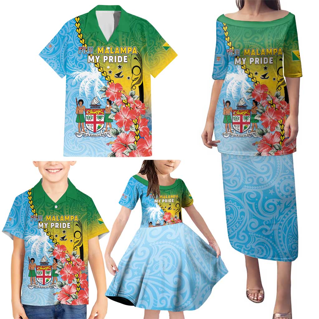 Personalised Malampa Fiji Day Family Matching Puletasi and Hawaiian Shirt Tribal Pattern With Tropical Flowers - Polynesian Pride
