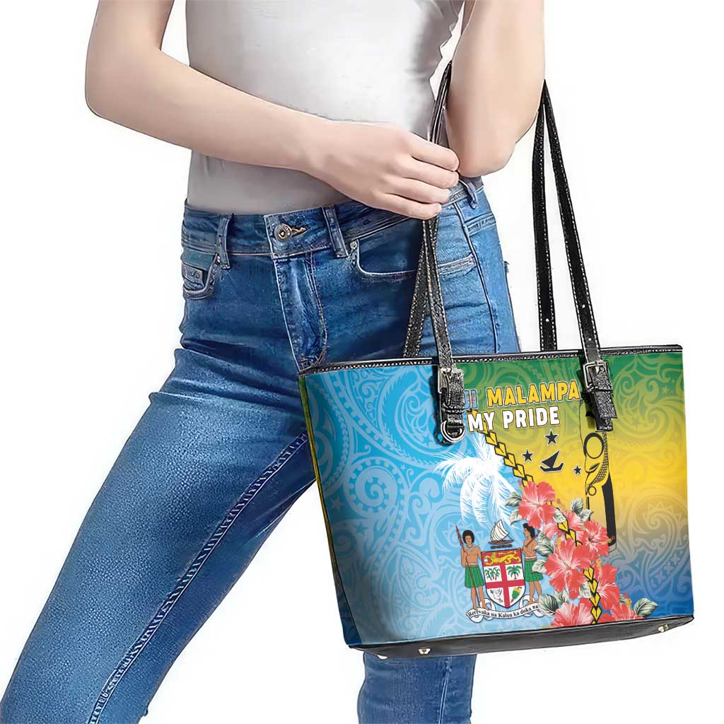 Malampa Fiji Day Leather Tote Bag Tribal Pattern With Tropical Flowers - Polynesian Pride