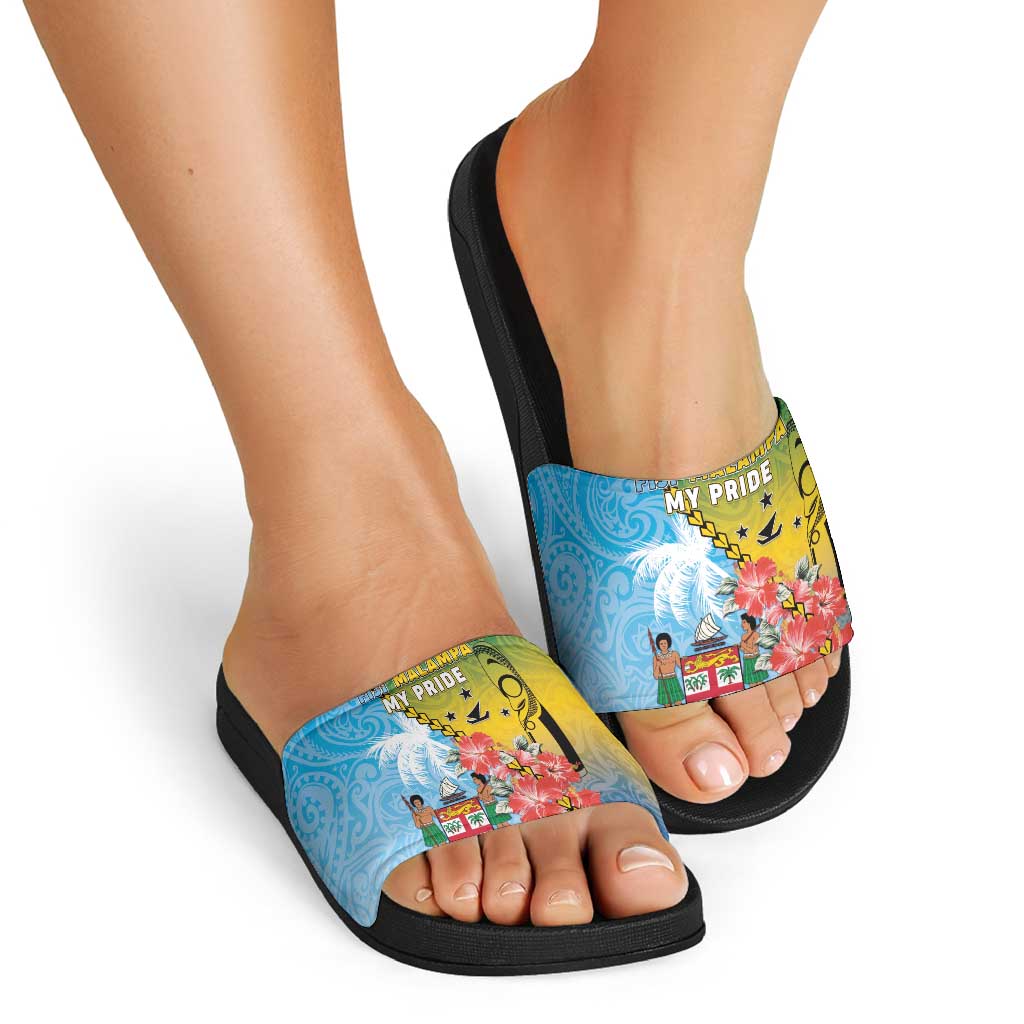 Malampa Fiji Day Slide Sandals Tribal Pattern With Tropical Flowers - Polynesian Pride