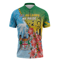 Personalised Malampa Fiji Day Zipper Polo Shirt Tribal Pattern With Tropical Flowers - Polynesian Pride