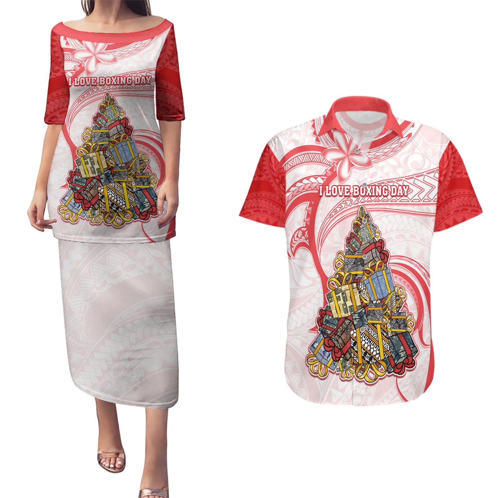 Personalized Happy Boxing Day Couples Matching Puletasi Dress and Hawaiian Shirt Polynesian Gift Boxes Christmas Tree LT05 Red - Polynesian Pride
