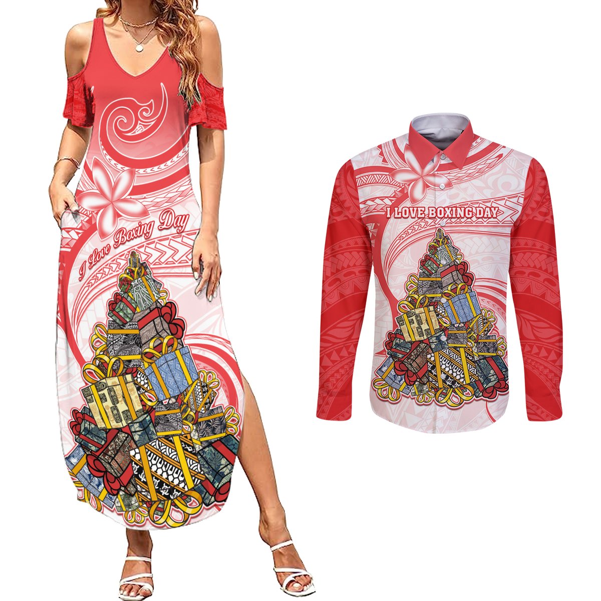 Personalized Happy Boxing Day Couples Matching Summer Maxi Dress and Long Sleeve Button Shirts Polynesian Gift Boxes Christmas Tree LT05 Red - Polynesian Pride