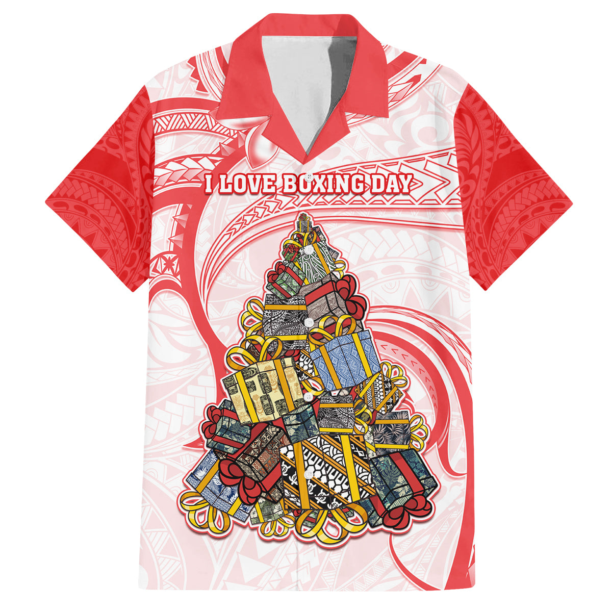 Personalized Happy Boxing Day Family Matching Off Shoulder Long Sleeve Dress and Hawaiian Shirt Polynesian Gift Boxes Christmas Tree LT05 Dad's Shirt - Short Sleeve Red - Polynesian Pride