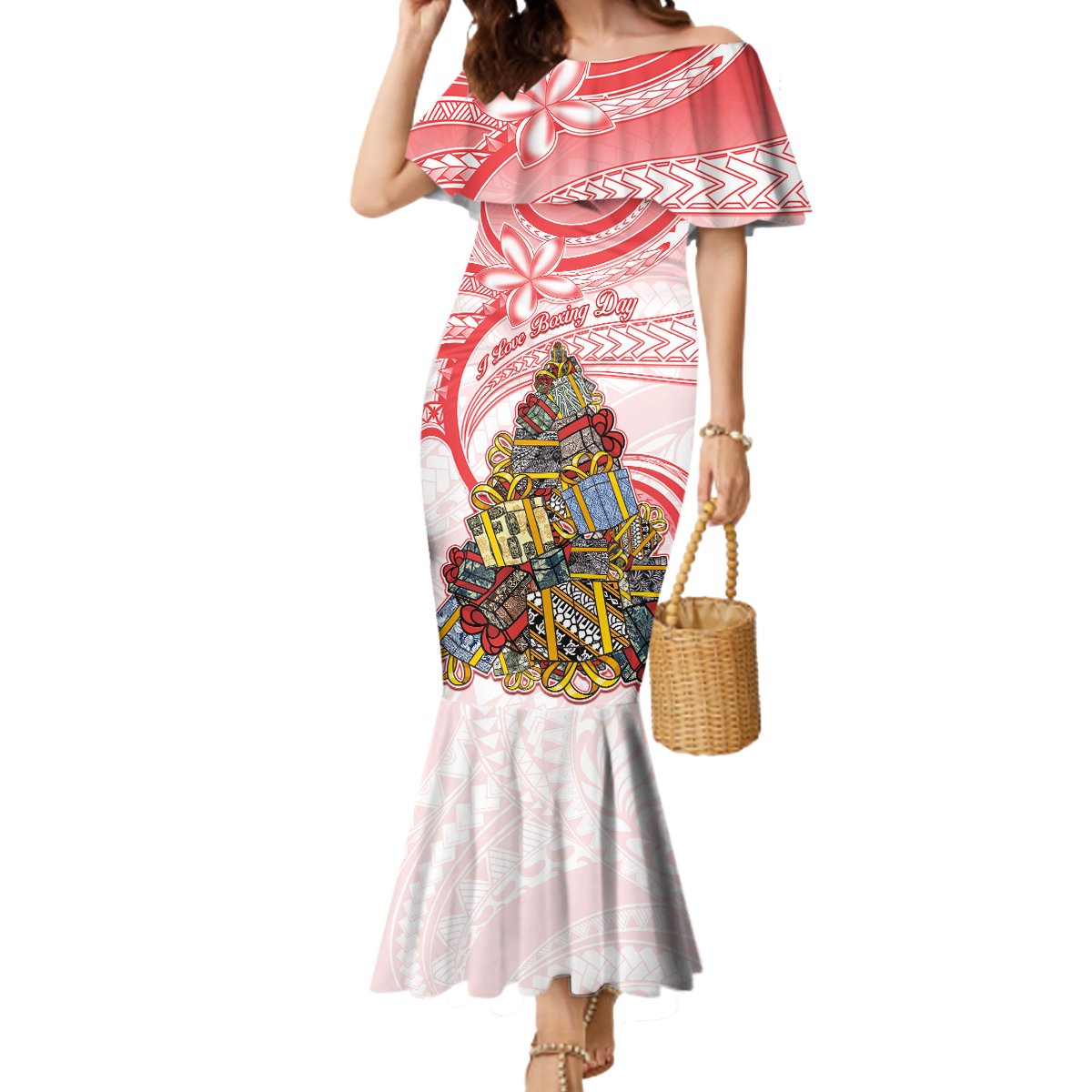 Personalized Happy Boxing Day Mermaid Dress Polynesian Gift Boxes Christmas Tree LT05 Women Red - Polynesian Pride