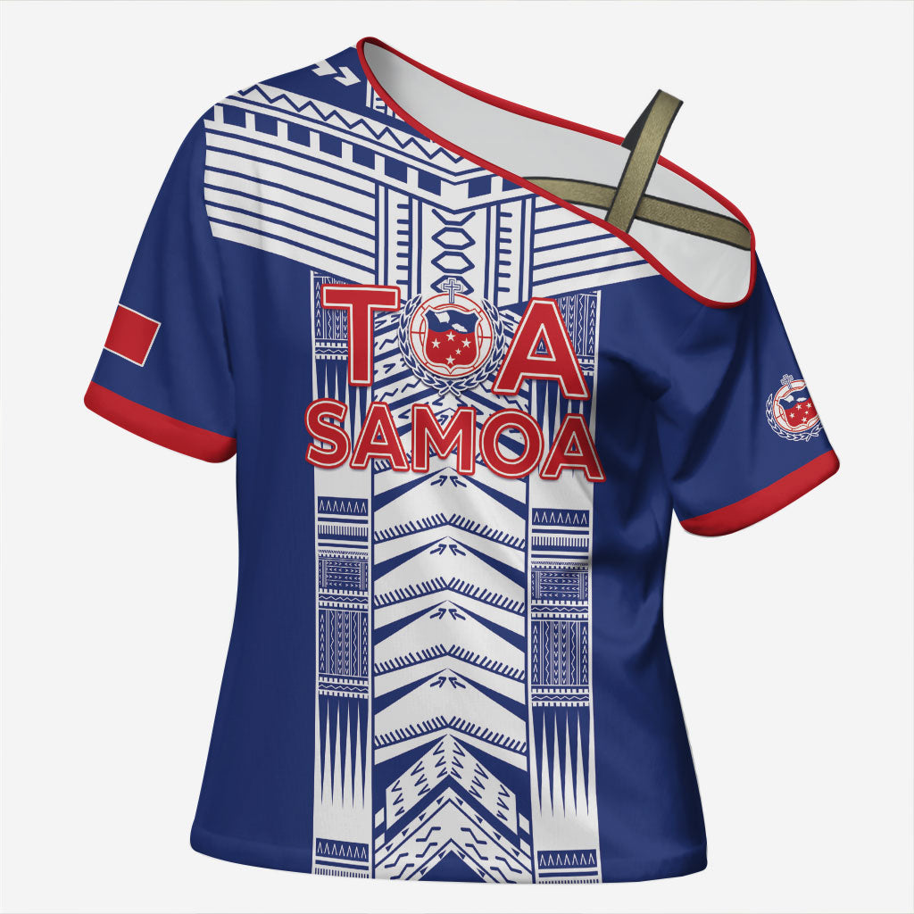 Custom Rugby Toa Samoa Cross Shoulder Shirt Samoan Tatau Blue Version LT05 Female Blue - Polynesian Pride