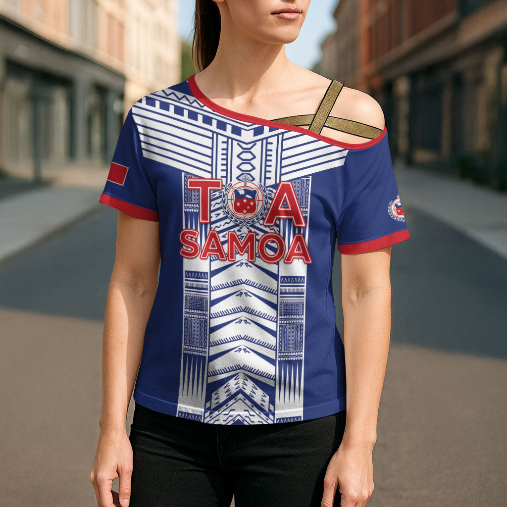 Custom Rugby Toa Samoa Cross Shoulder Shirt Samoan Tatau Blue Version LT05 - Polynesian Pride