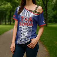 Custom Rugby Toa Samoa Cross Shoulder Shirt Samoan Tatau Blue Version LT05 - Polynesian Pride