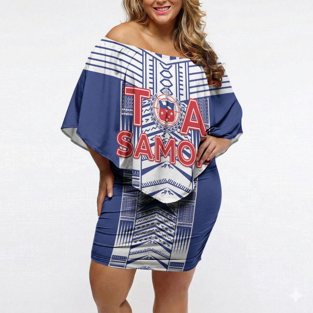 Custom Rugby Toa Samoa Off Shoulder Short Dress Samoan Tatau Blue Version LT05 Women Blue - Polynesian Pride