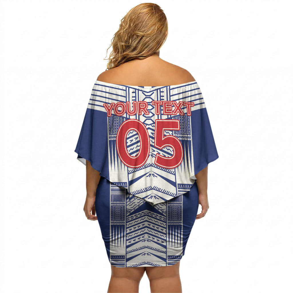 Custom Rugby Toa Samoa Off Shoulder Short Dress Samoan Tatau Blue Version LT05 - Polynesian Pride