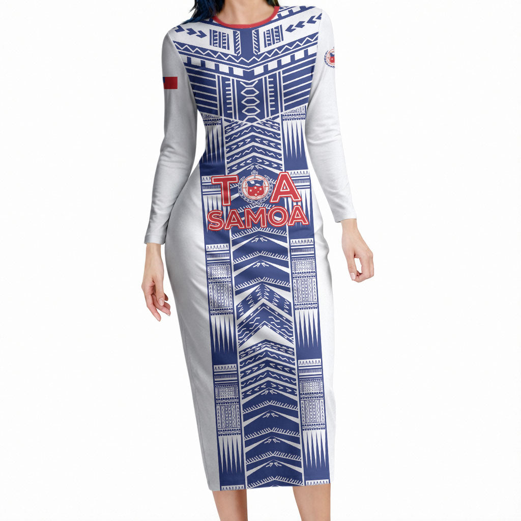 Custom Rugby Toa Samoa Long Sleeve Bodycon Dress Samoan Tatau White Version LT05 Long Dress White - Polynesian Pride