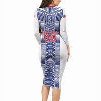 Custom Rugby Toa Samoa Long Sleeve Bodycon Dress Samoan Tatau White Version LT05 - Polynesian Pride