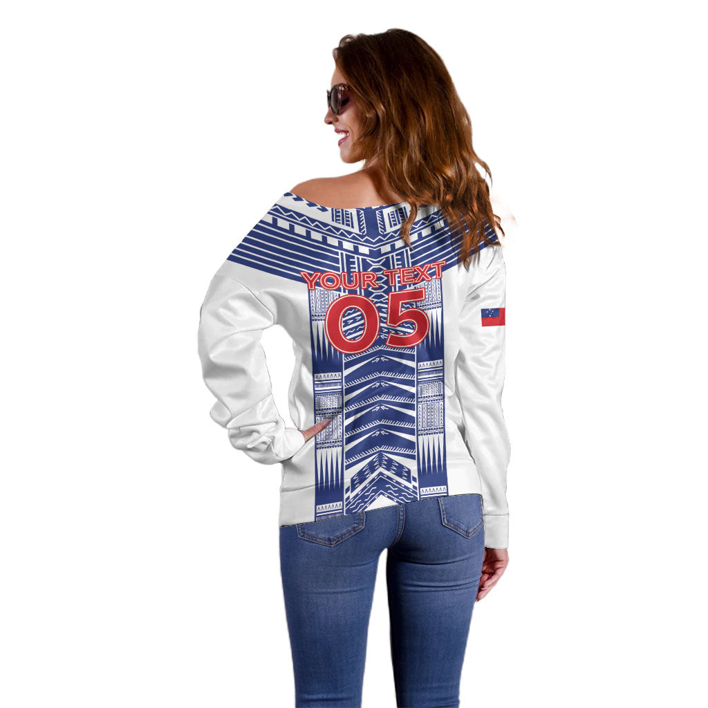 Custom Rugby Toa Samoa Off Shoulder Sweater Samoan Tatau White Version LT05 - Polynesian Pride