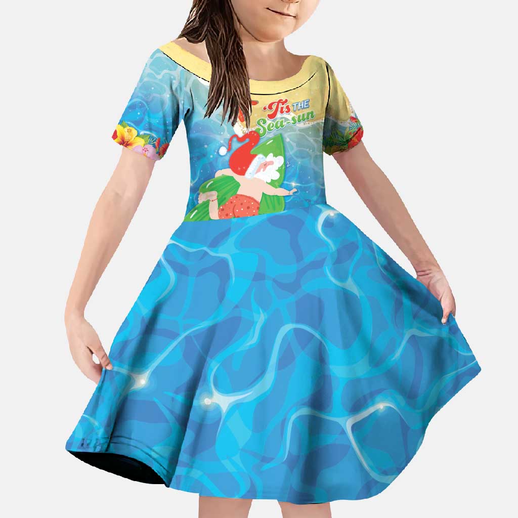 Christmas In Hawaii Family Matching Mermaid Dress and Hawaiian Shirt Tis The Sea Sun LT05 Daughter's Dress Blue - Polynesian Pride