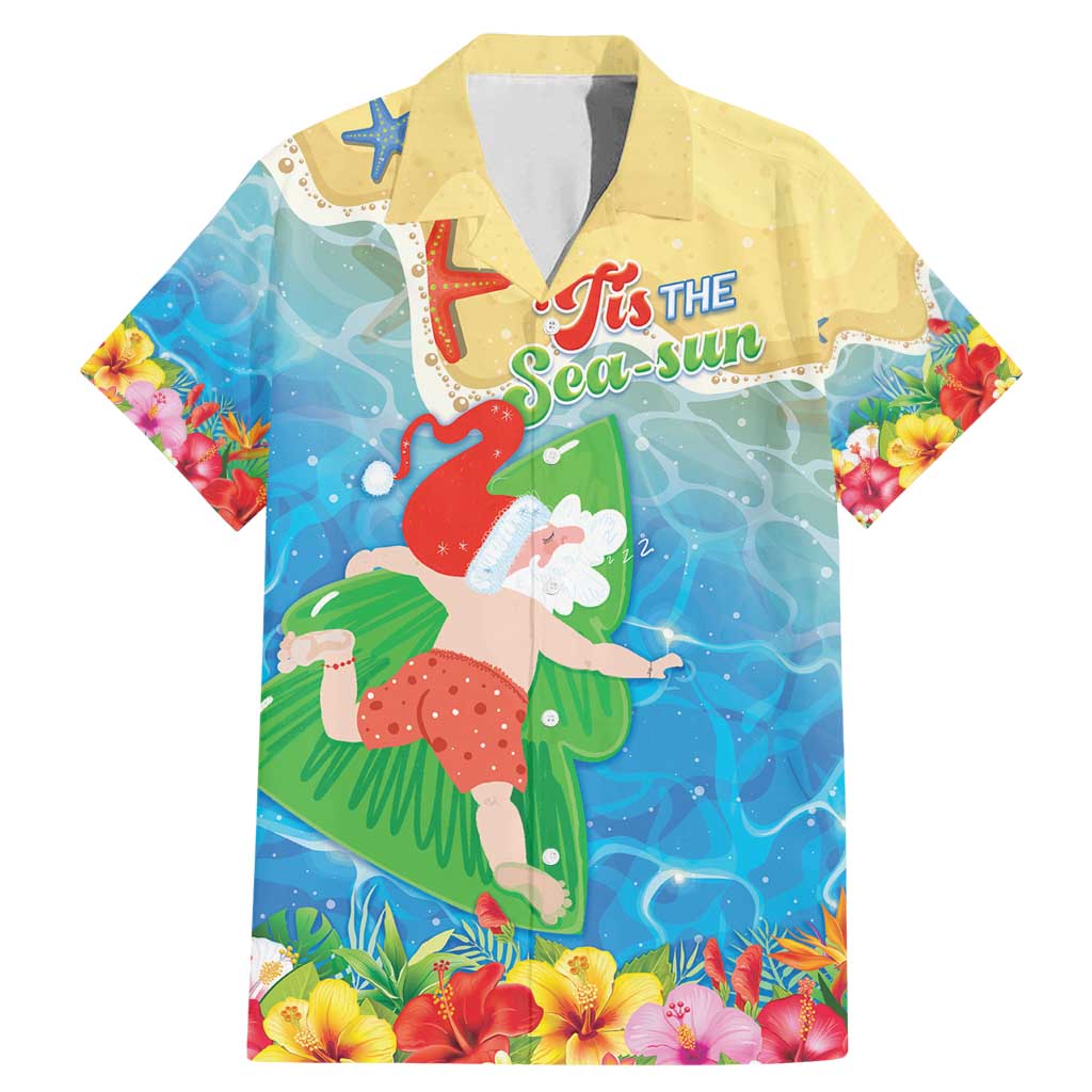 Christmas In Hawaii Family Matching Mermaid Dress and Hawaiian Shirt Tis The Sea Sun LT05 Dad's Shirt - Short Sleeve Blue - Polynesian Pride