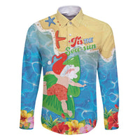 Christmas In Hawaii Family Matching Off Shoulder Maxi Dress and Hawaiian Shirt Tis The Sea Sun LT05 Dad's Shirt - Long Sleeve Blue - Polynesian Pride