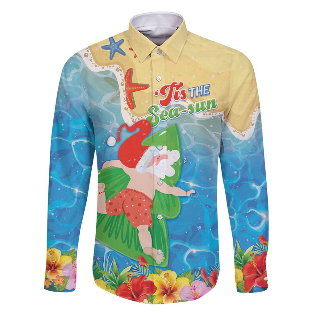 Christmas In Hawaii Family Matching Puletasi and Hawaiian Shirt Tis The Sea Sun LT05 Dad's Shirt - Long Sleeve Blue - Polynesian Pride
