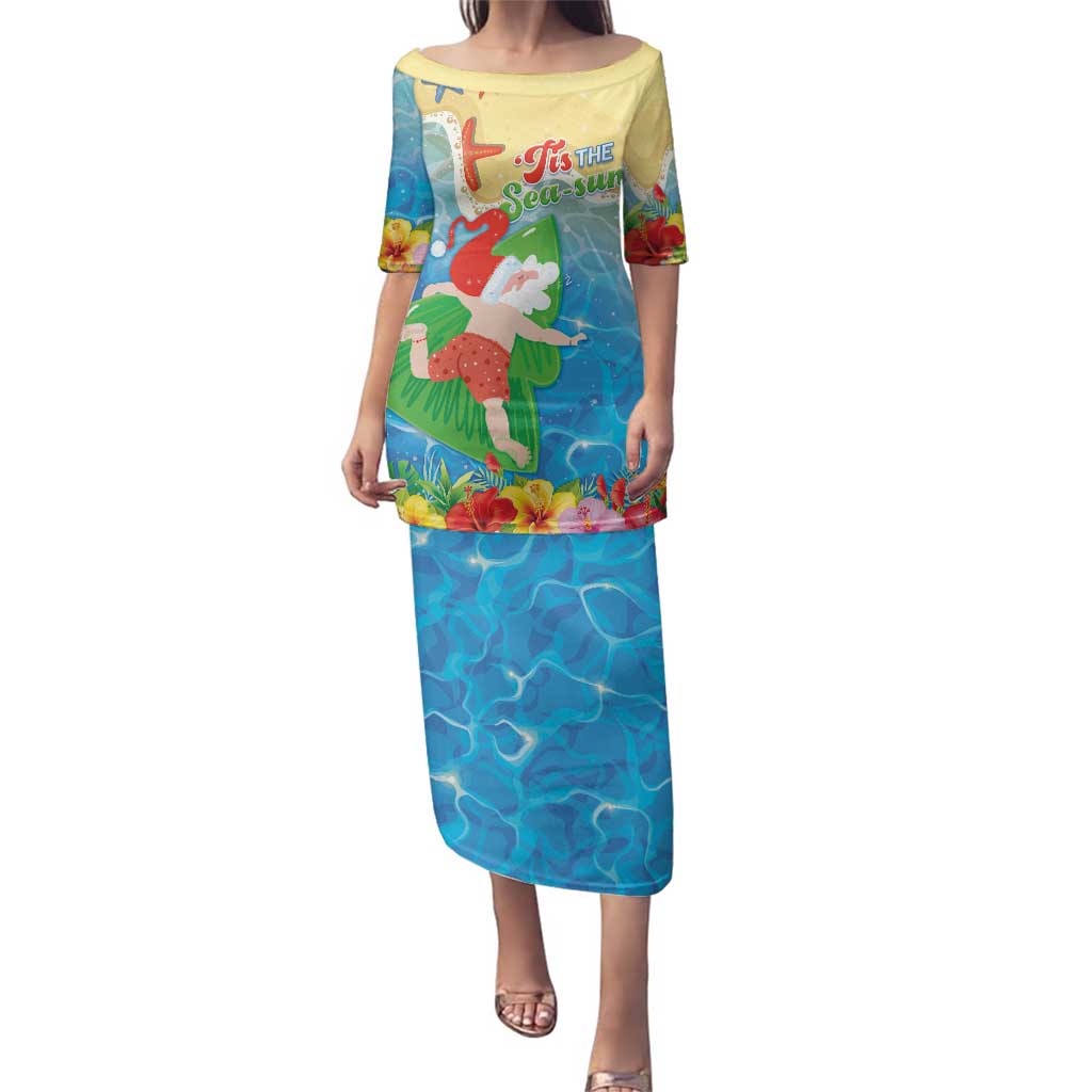 Christmas In Hawaii Family Matching Puletasi and Hawaiian Shirt Tis The Sea Sun LT05 Mom's Dress Blue - Polynesian Pride