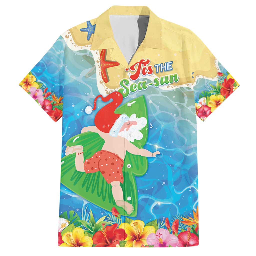 Christmas In Hawaii Family Matching Short Sleeve Bodycon Dress and Hawaiian Shirt Tis The Sea Sun LT05 Dad's Shirt - Short Sleeve Blue - Polynesian Pride