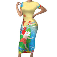 Christmas In Hawaii Family Matching Short Sleeve Bodycon Dress and Hawaiian Shirt Tis The Sea Sun LT05 Mom's Dress Blue - Polynesian Pride