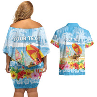 Personalised Hawaii Funny Thanksgiving Couples Matching Off Shoulder Short Dress and Hawaiian Shirt Thankful From The Beach