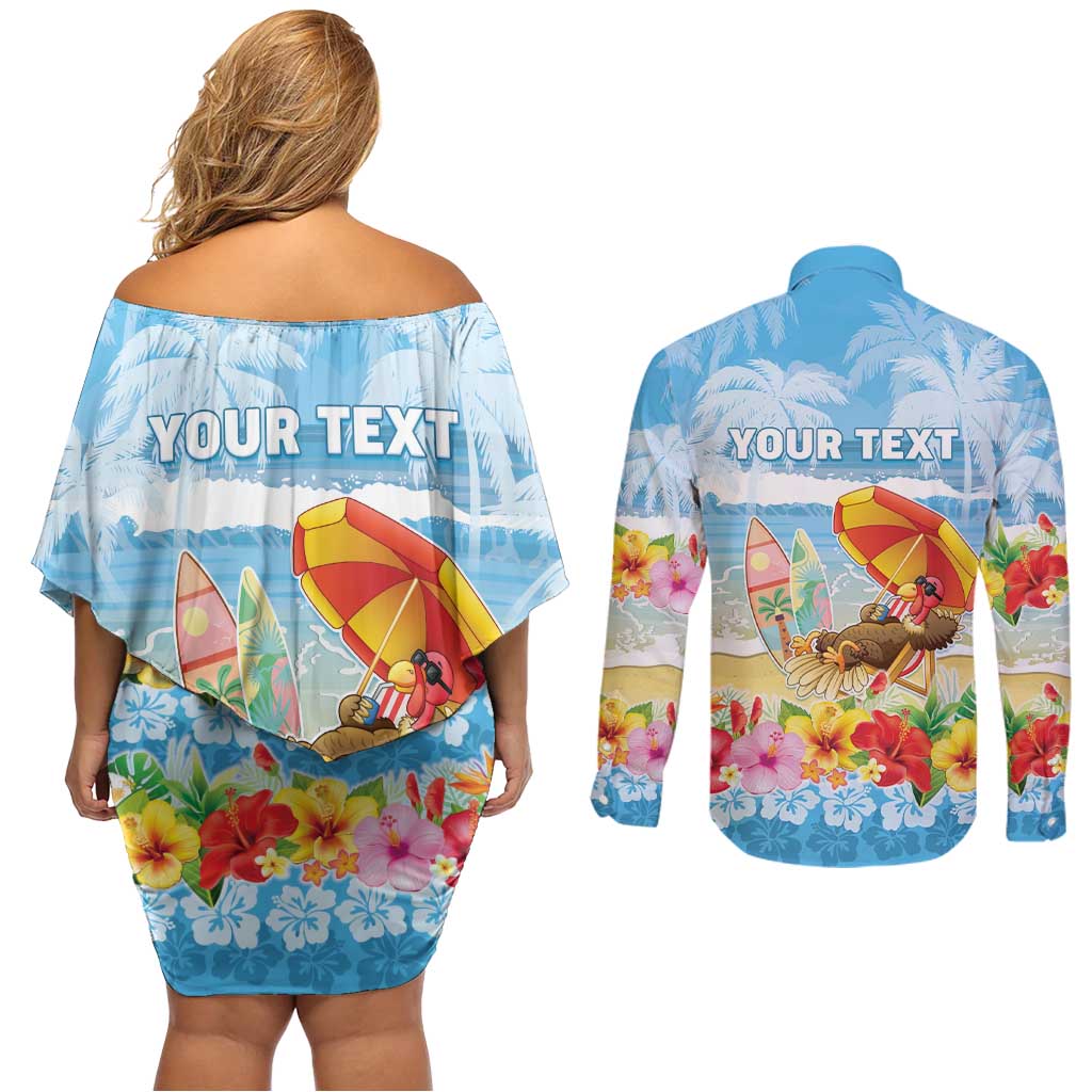 Personalised Hawaii Funny Thanksgiving Couples Matching Off Shoulder Short Dress and Long Sleeve Button Shirt Thankful From The Beach