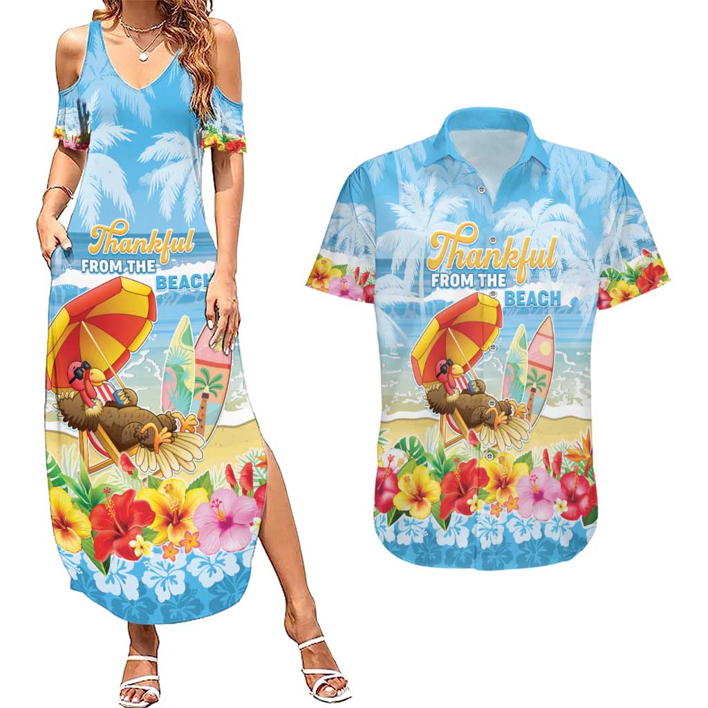 Personalised Hawaii Funny Thanksgiving Couples Matching Summer Maxi Dress and Hawaiian Shirt Thankful From The Beach