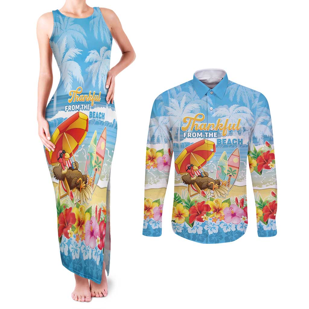 Personalised Hawaii Funny Thanksgiving Couples Matching Tank Maxi Dress and Long Sleeve Button Shirt Thankful From The Beach
