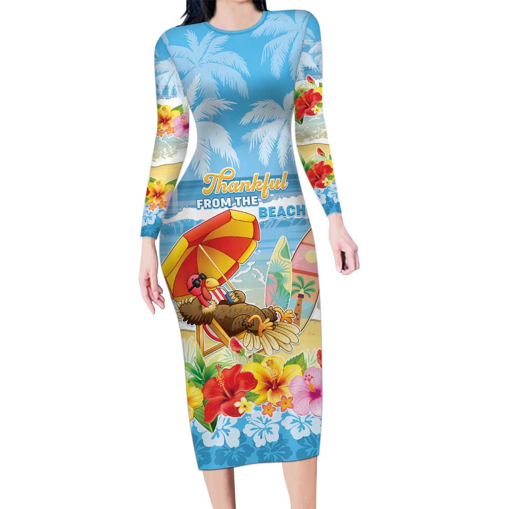 Personalised Hawaii Funny Thanksgiving Family Matching Long Sleeve Bodycon Dress and Hawaiian Shirt Thankful From The Beach LT05 Mom's Dress Blue - Polynesian Pride