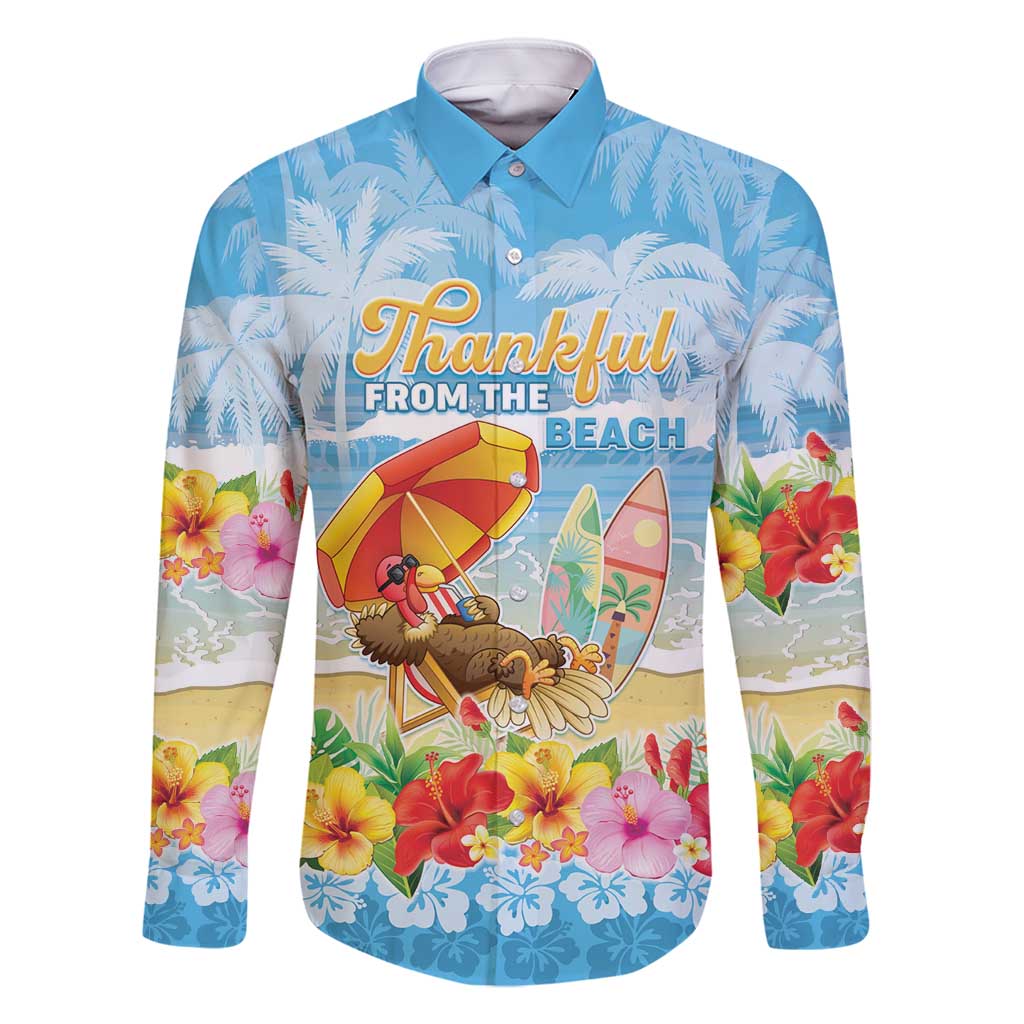 Personalised Hawaii Funny Thanksgiving Family Matching Tank Maxi Dress and Hawaiian Shirt Thankful From The Beach LT05 Dad's Shirt - Long Sleeve Blue - Polynesian Pride