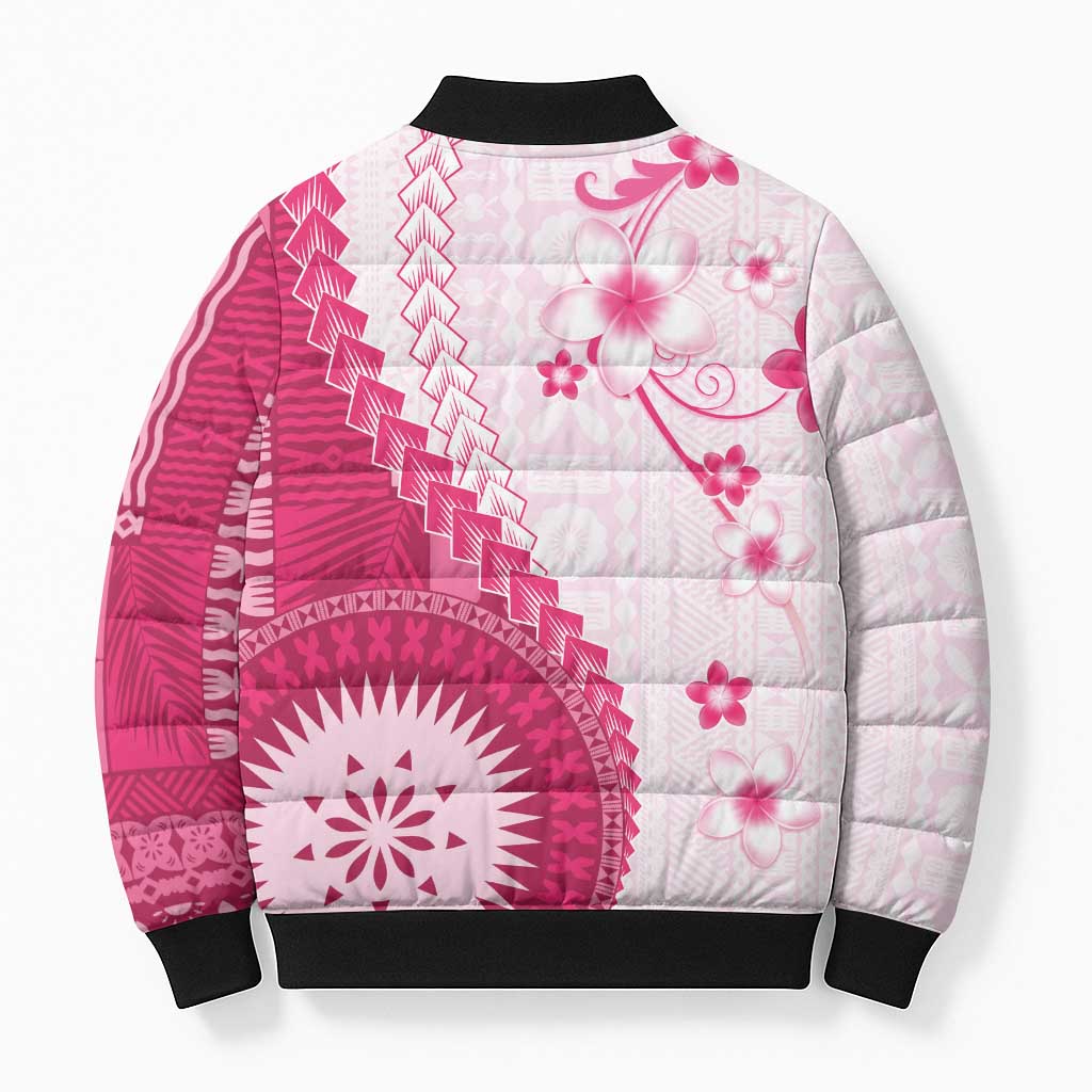 Bula Fiji Bomber Puffer Jacket Pink Plumeria Masi Tapa Pattern - Polynesian Pride