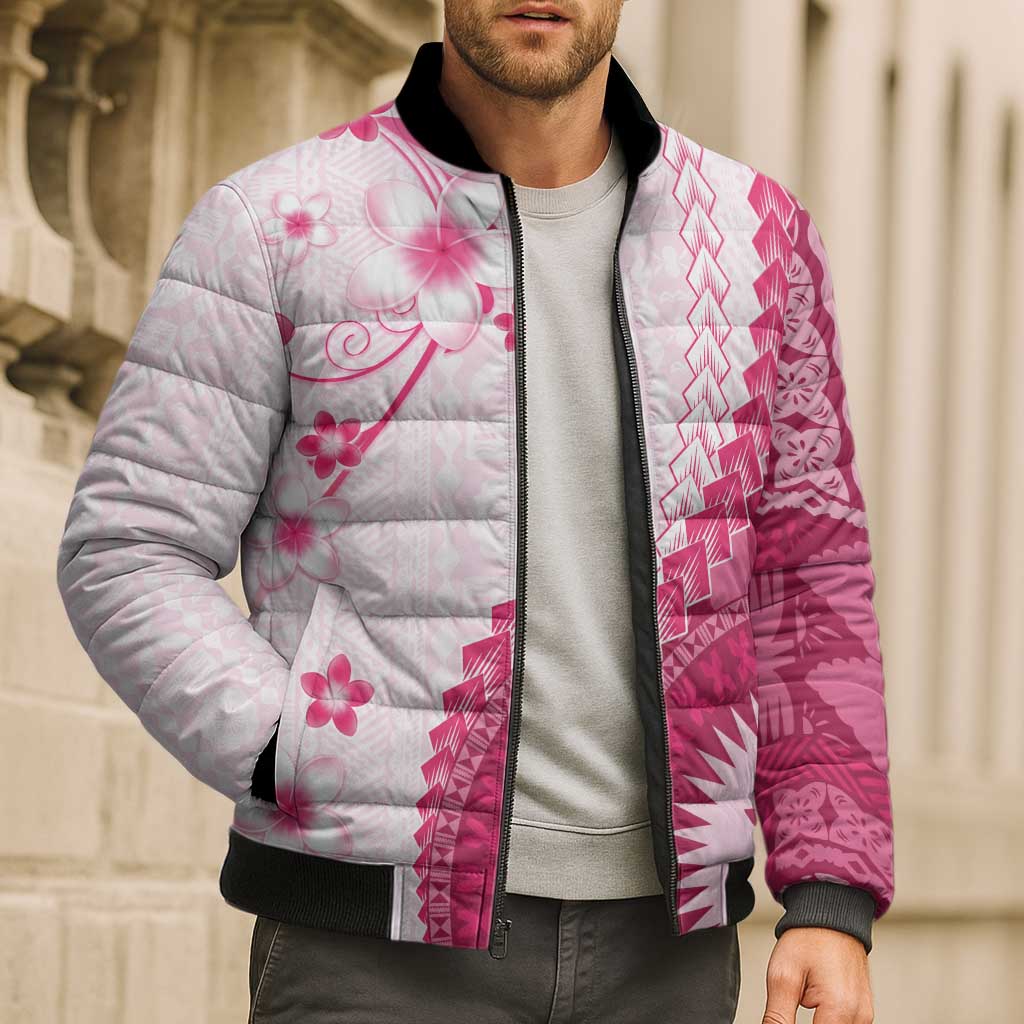 Bula Fiji Bomber Puffer Jacket Pink Plumeria Masi Tapa Pattern - Polynesian Pride