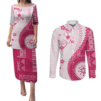Bula Fiji Couples Matching Puletasi and Long Sleeve Button Shirt Pink Plumeria Masi Tapa Pattern - Polynesian Pride