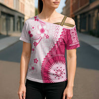 Bula Fiji Cross Shoulder Shirt Pink Plumeria Masi Tapa Pattern - Polynesian Pride