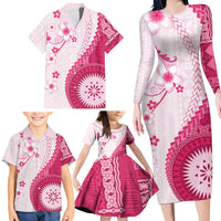 Bula Fiji Family Matching Long Sleeve Bodycon Dress and Hawaiian Shirt Pink Plumeria Masi Tapa Pattern LT05 - Polynesian Pride