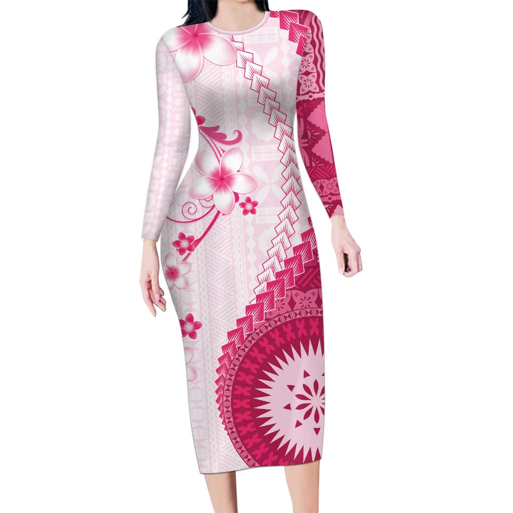 Bula Fiji Family Matching Long Sleeve Bodycon Dress and Hawaiian Shirt Pink Plumeria Masi Tapa Pattern LT05 Mom's Dress Pink - Polynesian Pride