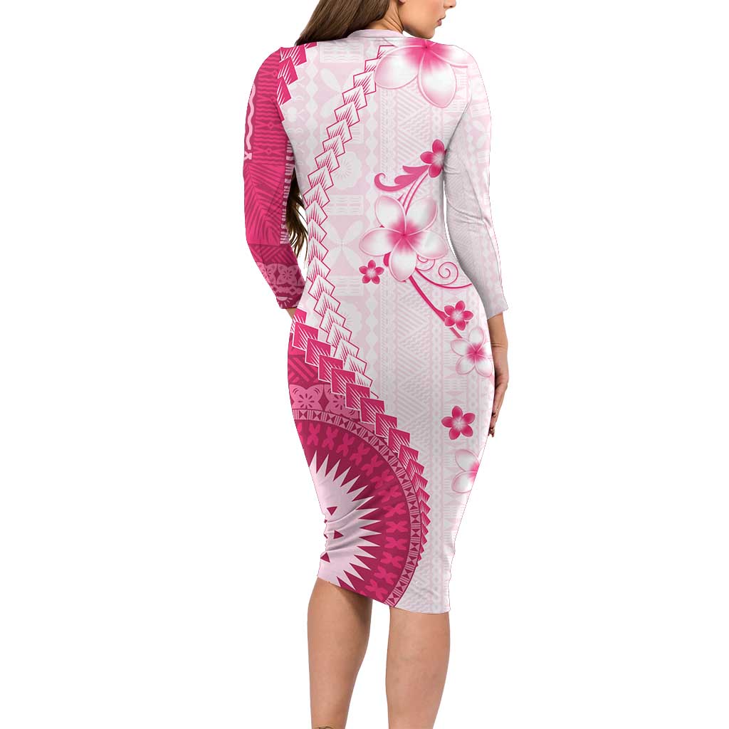 Bula Fiji Family Matching Long Sleeve Bodycon Dress and Hawaiian Shirt Pink Plumeria Masi Tapa Pattern LT05 - Polynesian Pride