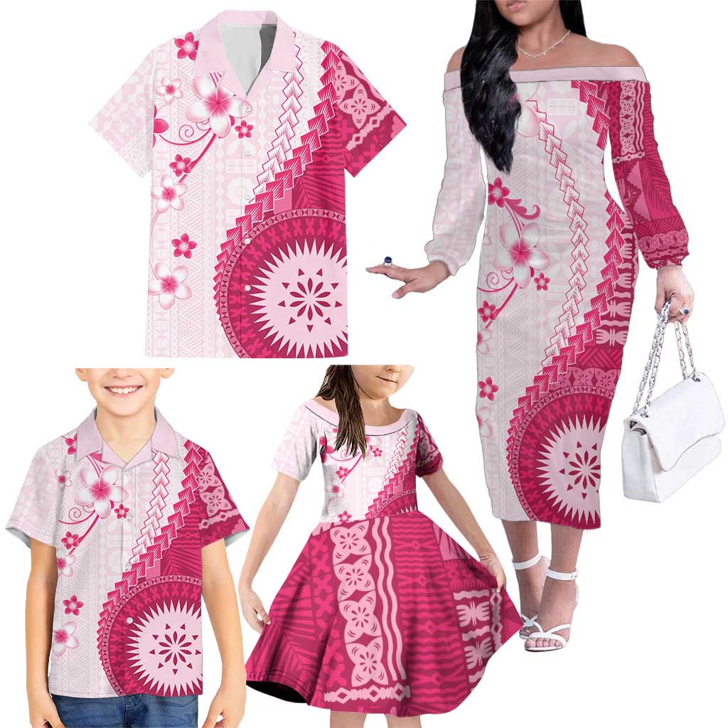 Bula Fiji Family Matching Off The Shoulder Long Sleeve Dress and Hawaiian Shirt Pink Plumeria Masi Tapa Pattern LT05 - Polynesian Pride