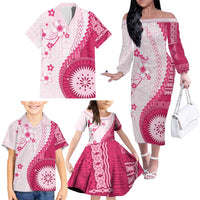 Bula Fiji Family Matching Off The Shoulder Long Sleeve Dress and Hawaiian Shirt Pink Plumeria Masi Tapa Pattern LT05 - Polynesian Pride